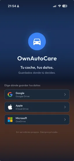 Pantalla de OwnAutoCare para elegir Google Drive, iCloud u OneDrive como almacenamiento