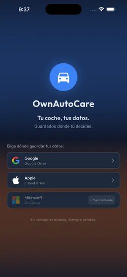 Pantalla de OwnAutoCare para elegir Google Drive o iCloud como almacenamiento